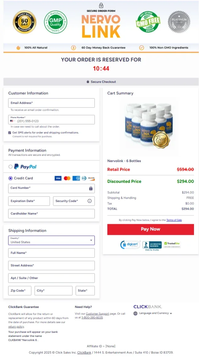 NervoLink secure ClickBank checkout order page